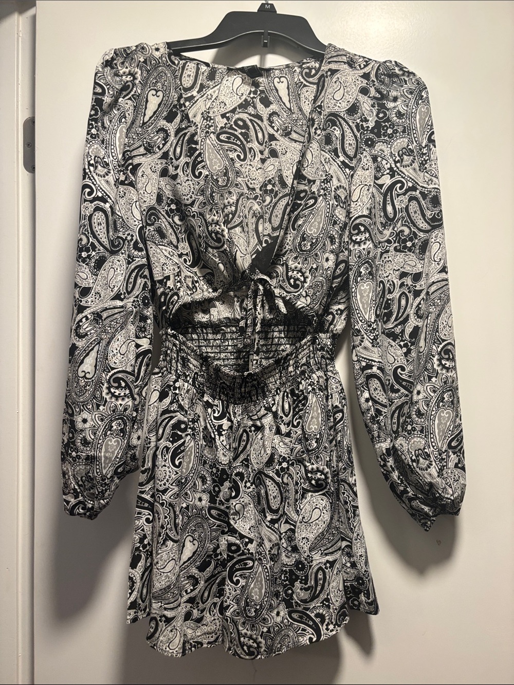 Forever 21 Black & White Paisley Long-Sleeve Mini Dress with Smocked Waist
